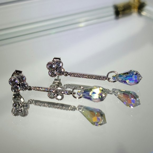 Silver Plated Crystal Clover Drop Earrings Made with Swarovski Crystal Pendant - Picture 4 of 6